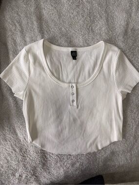 wild fable White Ribbed Scoop Neck Crop Top with Button